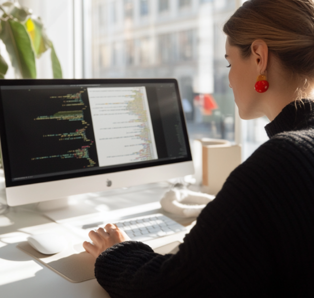Woman working at an iMac displaying code in a bright office setting, with large window in the background