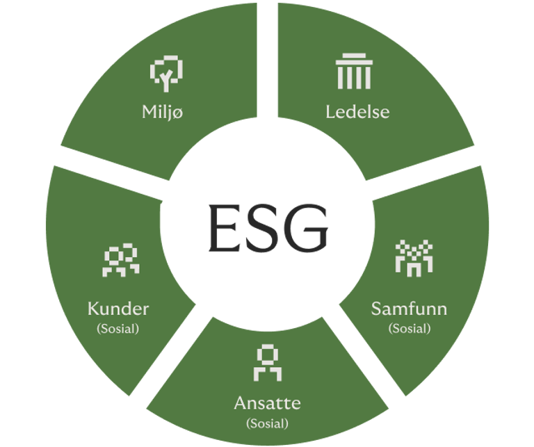 Rivertys ESG-rammeverk inkluderer fem komponenter, miljø, samfunn, ansatte, kunder og styring.