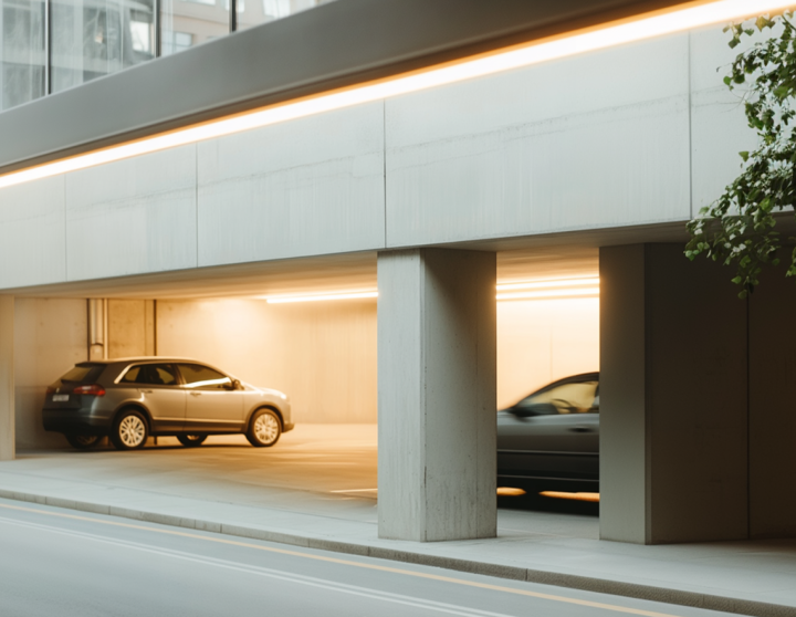Hell beleuchtetes Parkhaus mit mehreren geparkten Autos.