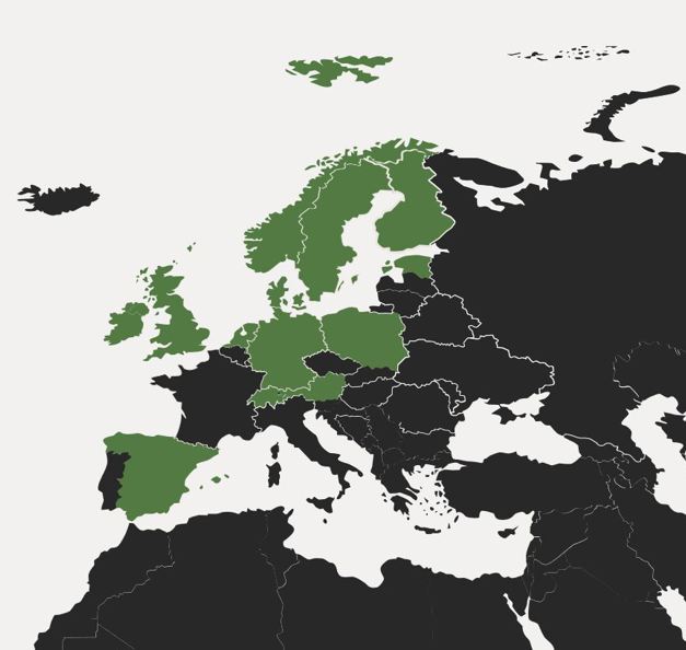 Map on which the countries with Riverty locations are marked