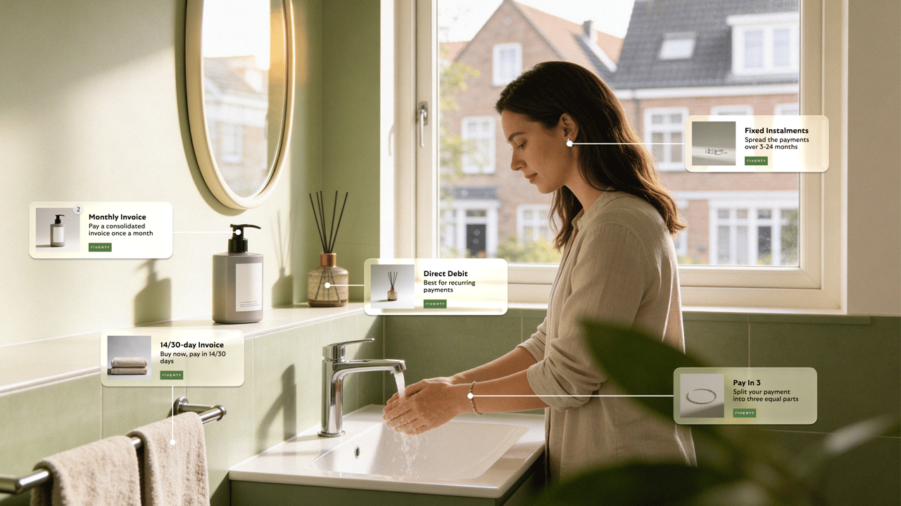 Woman washing her hands at a bathroom sink, with overlays showing different payment options such as monthly invoice, installments, direct debit, and pay in three.