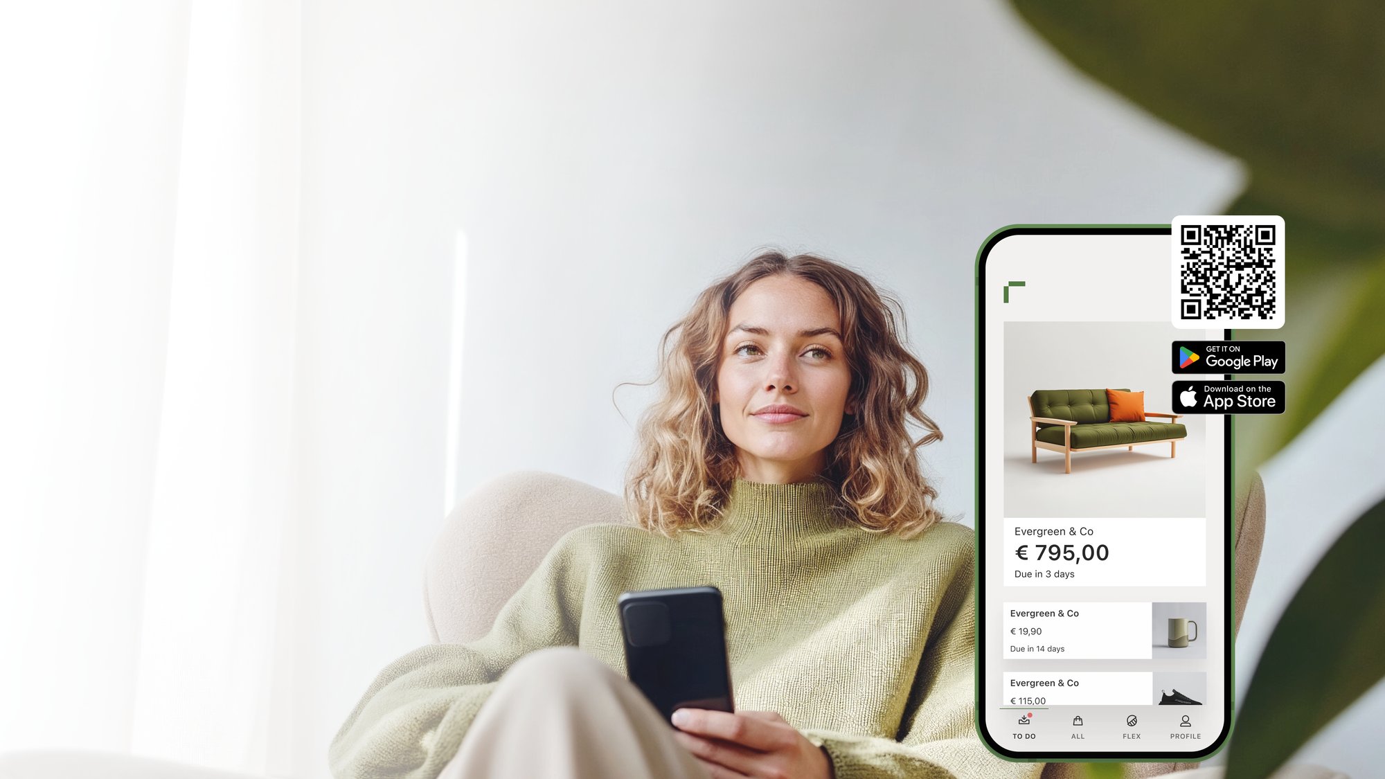 Young woman wearing a green sweater, sitting on a sofa with her smartphone in her hands. The Riverty app and its 4.8-star rating are shown in the image, along with a link to download it.