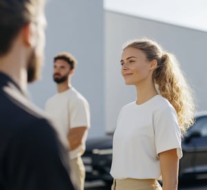 Woman smiling outdoors while talking to group of colleagues.