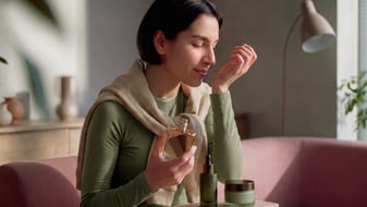 Female shopper opening and testing a perfume after opening the package.