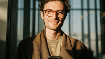 A young man using his smartphone in a bright modern office, smiling confidently in the sunlight.