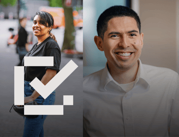 Checklist item marked as complete. Side-by-side portraits of two team members. One smiles while standing outdoors in an urban setting, while the other is photographed indoors in a professional office environment, representing the diversity of people across the organization.