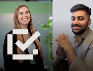 Checklist item marked as complete. Side-by-side portraits of two smiling team members in professional settings. One is photographed in an office environment, while the other sits at a desk with hands folded, showcasing the people behind the organization and its collaborative culture.