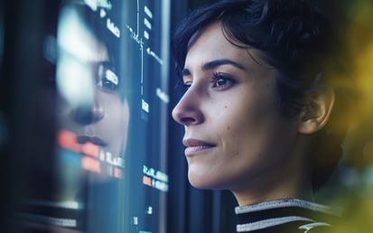 A woman gazing at a computer screen with visible data reflections.