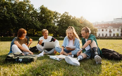 A group of friends sits on a green meadow and they talk and laugh together.