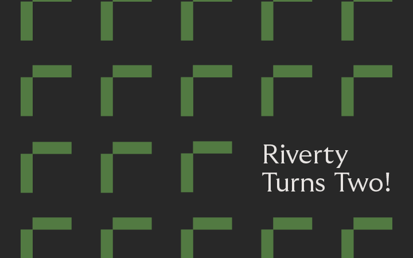 Black image with green Riverty logo, text saying "Riverty turns two!"