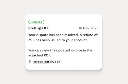 Dispute resolved notification with refund confirmation.