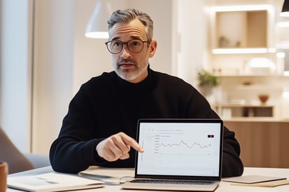 Financial expert presents a financial analysis on a laptop – a symbol of BaFin approval & secure transactions.