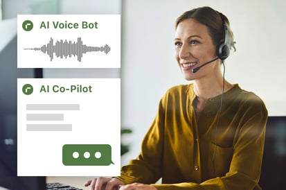 Woman with headset at a computer; UI elements show AI Voice Bot and Co-Pilot features