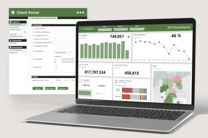 Person operating a tablet displaying a performance dashboard with charts and KPIs
