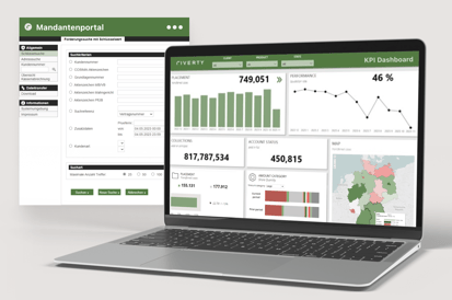 Person bedient Tablet mit KPI-Dashboard und Diagrammen zur Performance-Analyse im Forderungsmangement