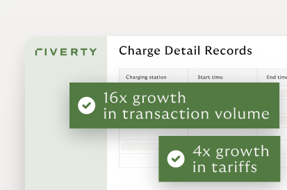Riverty Charge Detail Records graphic showing a 1600% increase over 3 years and processing over 1 million Charge Detail Records per month.