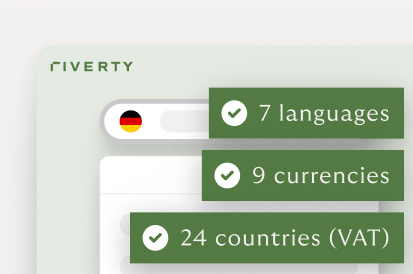 Riverty's international reach depicted with highlights: VAT coverage across 24 countries, support for 9 currencies, and services available in 7 languages.