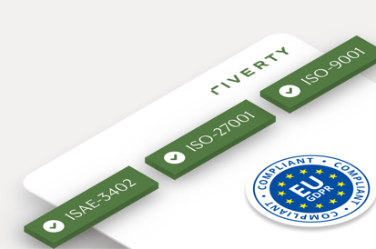 Riverty's compliance standards, including ISAE 3402, ISO 27001, ISO 9001, and GDPR compliance, illustrated with certification icons.