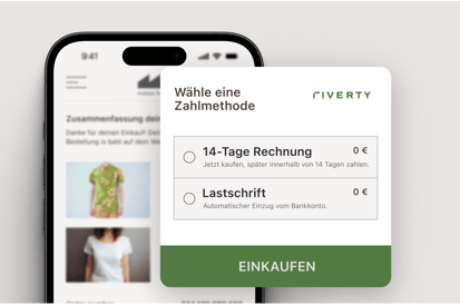 Das Bild zeigt die App-Ansicht und die Auswahl verschiedener Zahlmethoden von Riverty