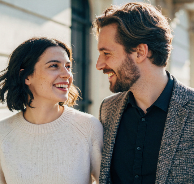 Man and woman laughing to each other 