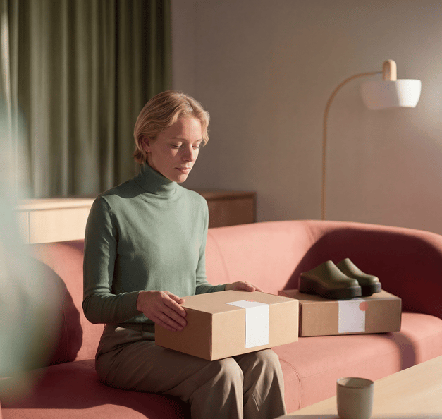 Woman sitting on a sofa with an ecommerce box