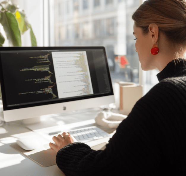 Vrouw werkt achter een iMac met code in beeld, in een lichte kantoorruimte met groot raam op de achtergrond.