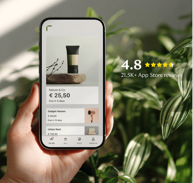 Rivertys' 4.8 star rated buy now, pay later app opened on a Smartphone screen.