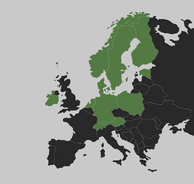 The map shows Europe with 13 countries highlighted in green against a grey background. These countries are: Ireland, the Netherlands, Germany, Poland, Czech Republic, Slovakia, Austria, Denmark, Sweden, Finland, Norway, Latvia, and Lithuania. All other European countries are shown in black. Borders are outlined in white. There are no other text elements, symbols, or visual indicators present. The image could be used to represent geographical groupings or developments in specific regions of Europe.