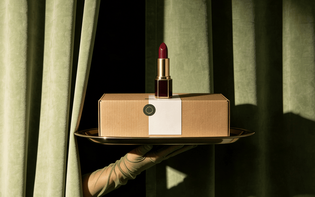 A serving hand holding a tray with a red lipstick on a box in front of green curtains.