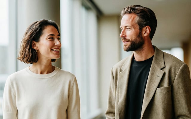 Two professionals walking and talking in a modern office corridor, representing collaboration and trust in a corporate environment.