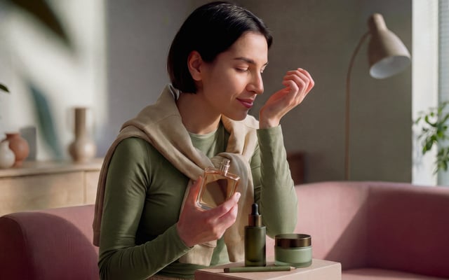 Female shopper opening and testing a perfume after opening the package.