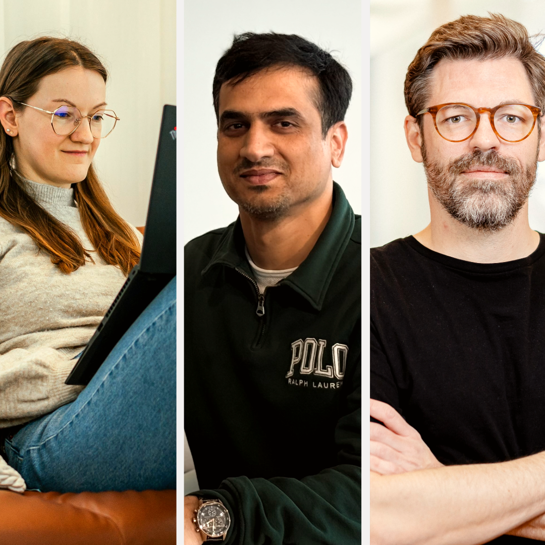 A collage of three portraits features different people in various work environments. On the left, a person with long brown hair and glasses sits comfortably on a sofa, working on a laptop. In the center, a person with short black hair and light facial hair sits at a wooden table, wearing a dark green sweater with a "Polo" logo, and smiling slightly. On the right, a person with short brown-gray hair, a full beard, and brown glasses stands with crossed arms in a modern office, wearing a black T-shirt and looking confidently at the camera.