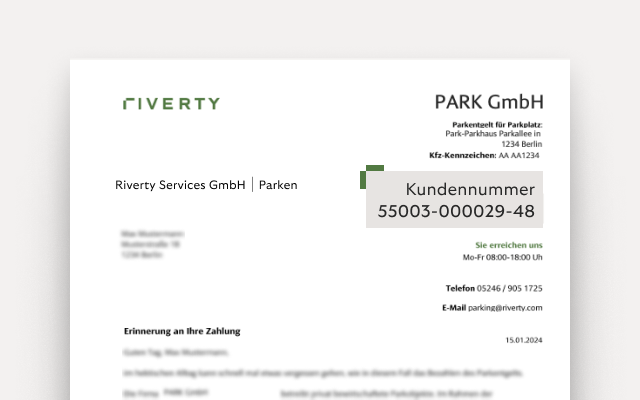 Muster eines Zahlungsschreibens für Parkgebühren von Riverty.