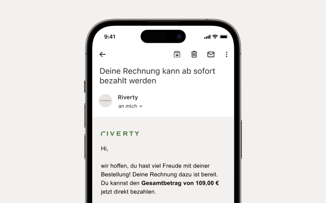 Telefonbildschirm mit einer Erinnerung von MyRiverty an eine ausstehende Zahlung.