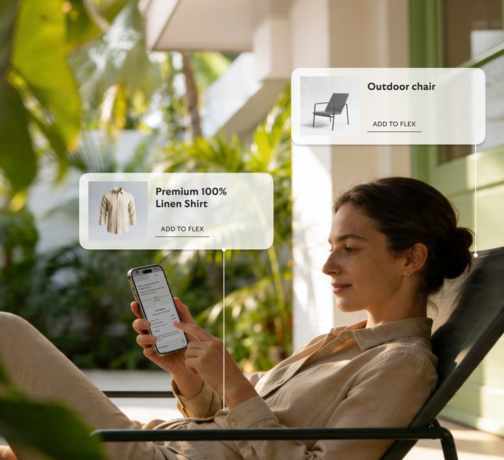Woman lounging outdoors in a green armchair with product tags
