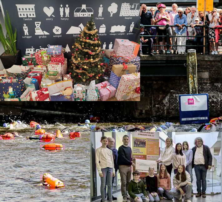 Collage of community and charity activities. The top left shows a decorated Christmas tree surrounded by wrapped gifts. The top right shows a crowd watching swimmers during an outdoor canal event. The bottom left captures swimmers in the water wearing bright caps and safety buoys. The bottom right shows a group of people standing together indoors, presenting a large donation check.
