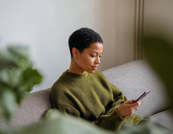 Frau sitzt auf einem Sofa in einem modernen Wohnzimmer und schaut auf ihr Smartphone, umgeben von grünen Pflanzen bei weichem Tageslicht.