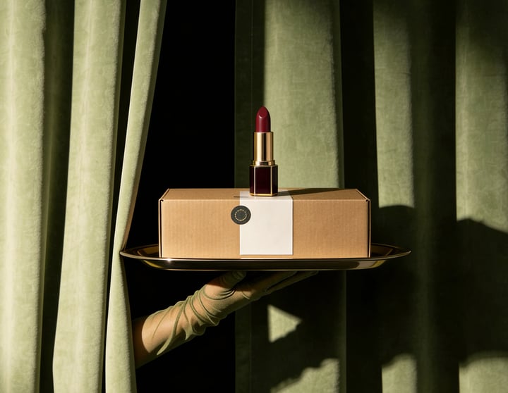 A serving hand holding a tray with a red lipstick on a box in front of green curtains.