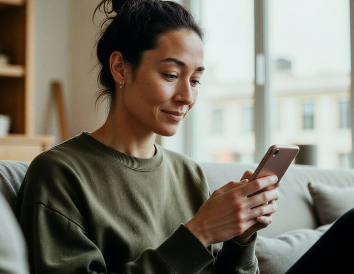 Woman on a couch with a smartphone in her hand