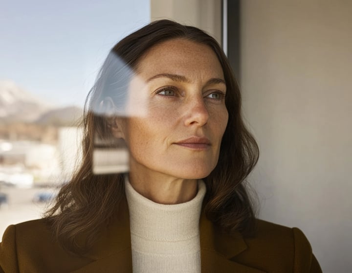 Frau, die durch ein Fenster nach draußen schaut.