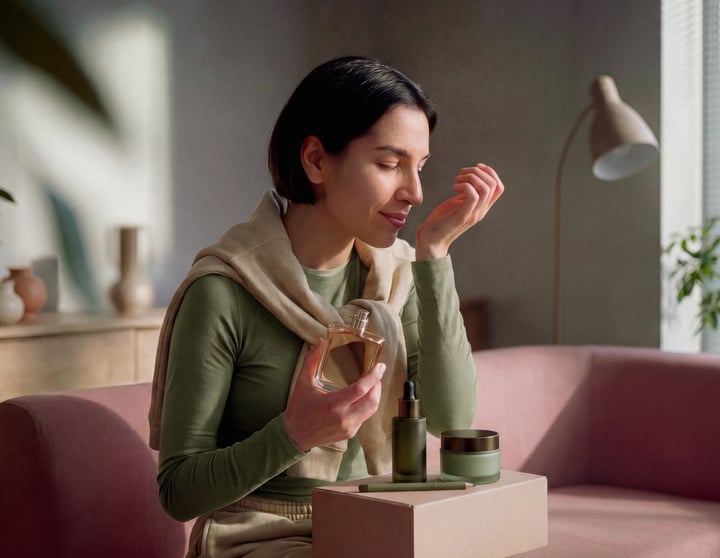Female shopper opening and testing a perfume after opening the package.