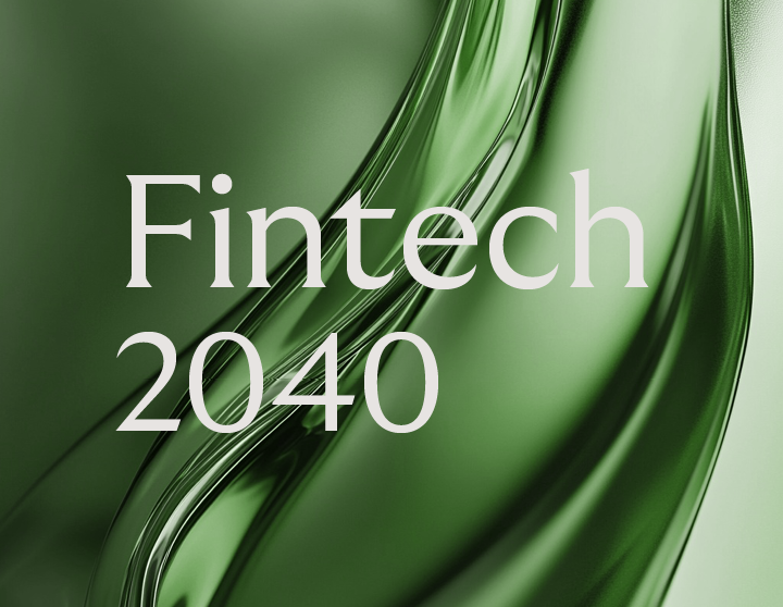 Grön bakgrund med vit text "Fintech 2040"