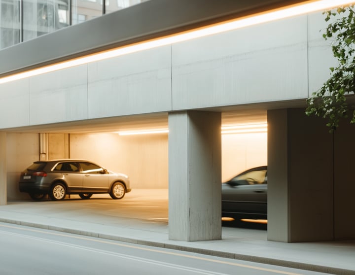 Hell beleuchtetes Parkhaus mit mehreren geparkten Autos.