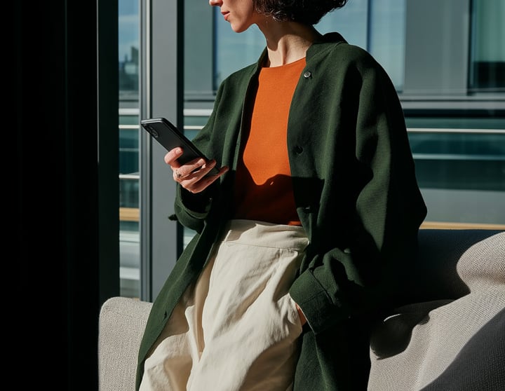 Frau in dunkelgrünem Mantel und rotem Pullover mit einem Smartphone in der Hand.
