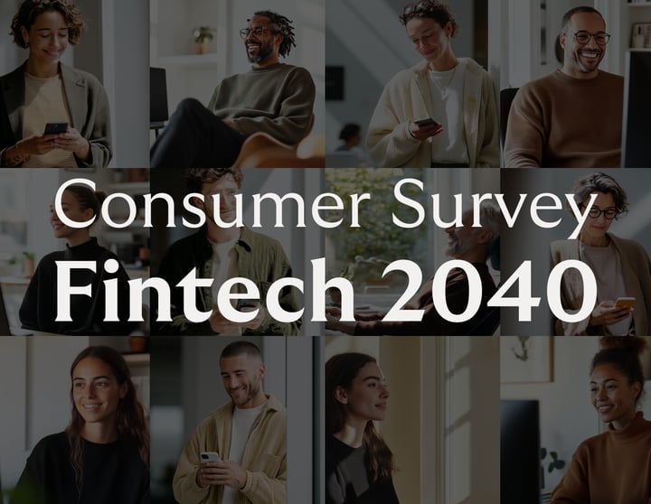 A collage of diverse people smiling and using their smartphones. In the center, larga white text reads "Consumer Survey Fintech 2040". The image conveys a friendly and connected atmosphere, emphasizing digital engagement and fintech innovation.