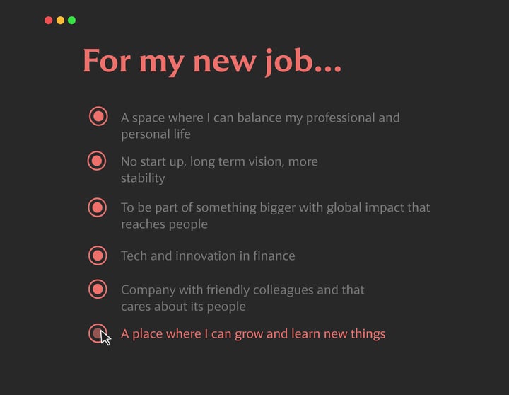 Dark-themed list titled “For my new job…” with all six options selected, ending with “A place where I can grow and learn new things.”