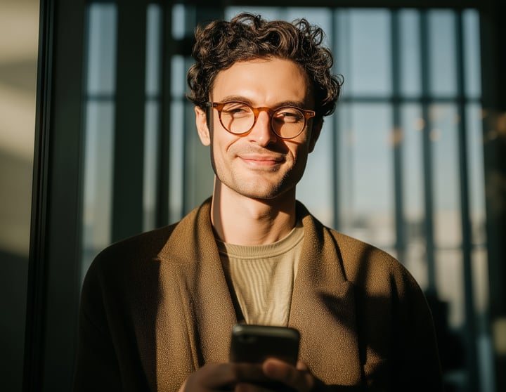 A young man using his smartphone in a bright modern office, smiling confidently in the sunlight.