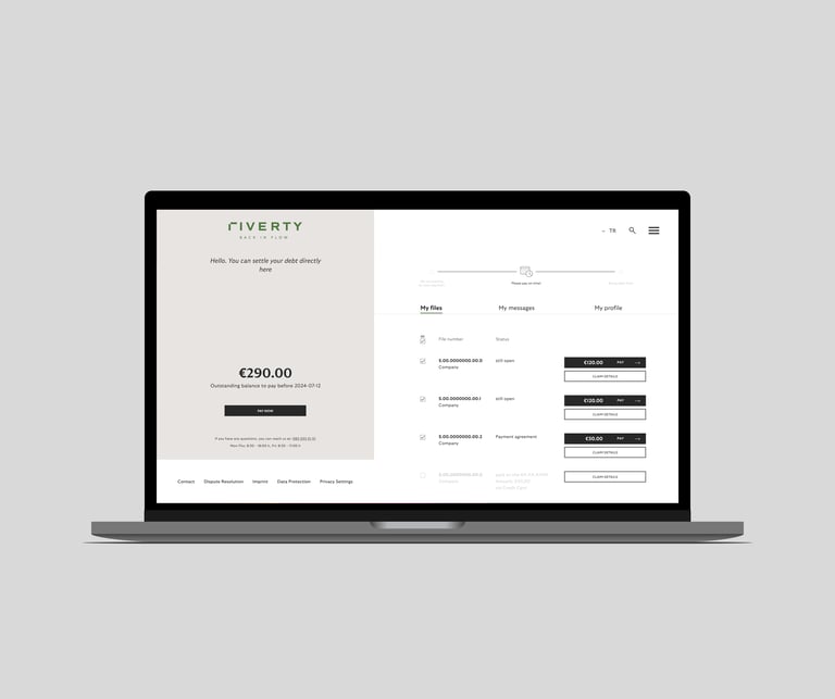 Laptop and smartphone showing outstanding payments, settlement options, and claim details.