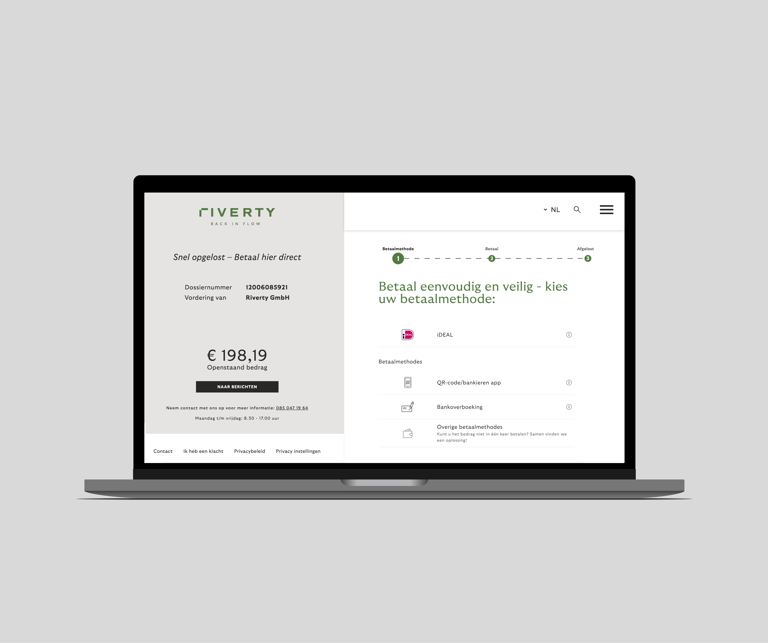  Laptop en smartphone met overzicht van openstaande betalingen, betaalopties en details van vorderingen.