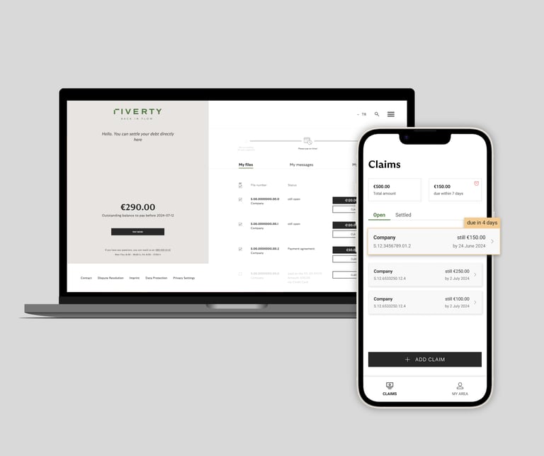 Laptop and smartphone showing outstanding payments, settlement options, and claim details.